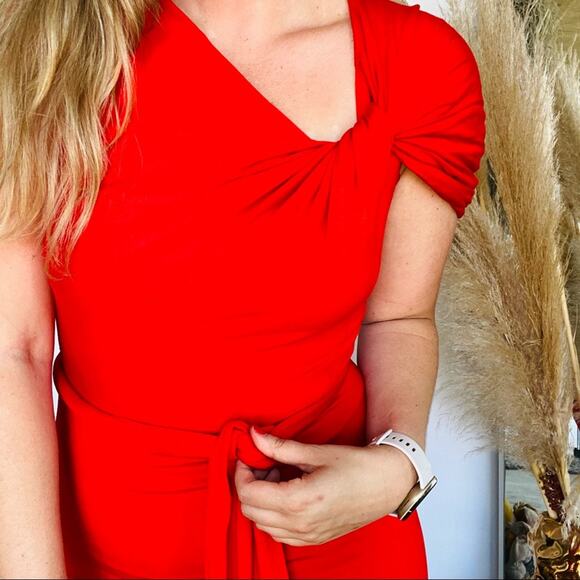 TRINA TURK Nordstrom Red Bodycon Twist Neck Tie Waist Knee Length Midi Dress 4 - Picture 4 of 8